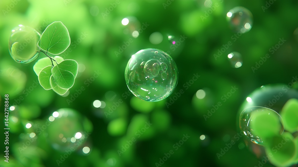 Poster bubbles float above green leaves in a serene natural setting illuminated by soft light