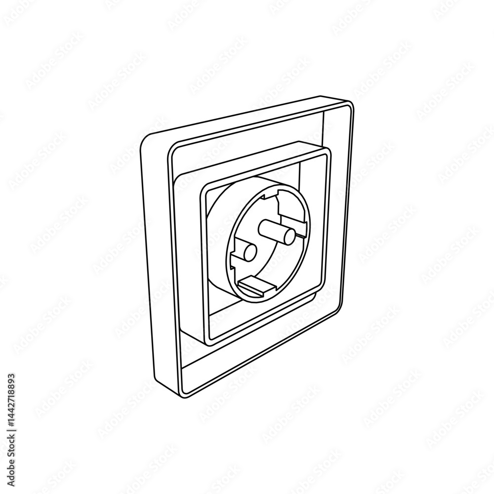 Poster the outline of a large power socket symbol is made with black lines. 3d view of the object in perspe