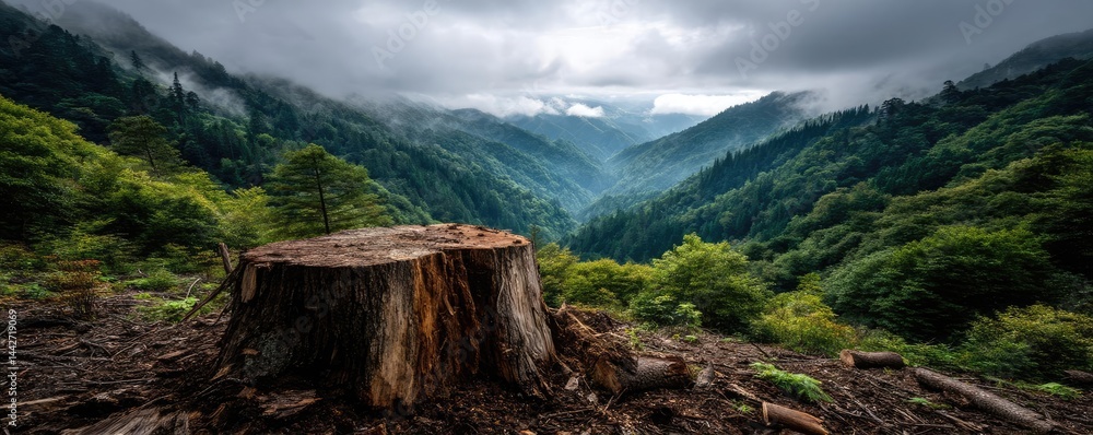 Poster tree stump demonstrating illegal logging and ecosystem damage concept. a serene view of a mountain l