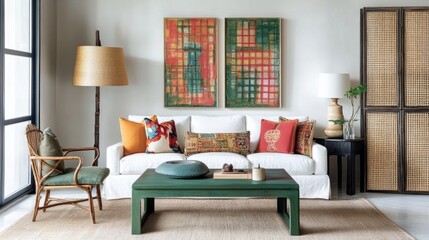 Bright living room with white sofa, colorful cushions, green coffee table, dark side table, abstract art, floor lamp, and woven room divider