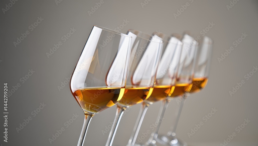 Poster A row of wine glasses filled with whiskey, each with a different color and texture, suggesting a tasting event or comparison.