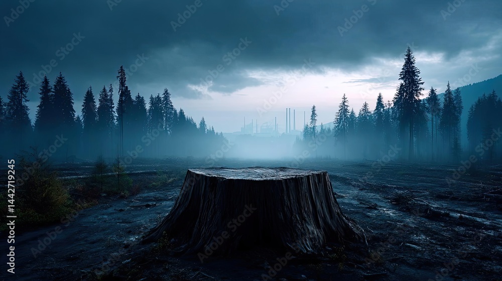 Poster tree stump demonstrating illegal logging and ecosystem damage concept. a solitary tree stump amidst 
