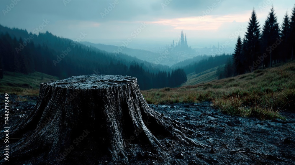 Poster tree stump demonstrating illegal logging and ecosystem damage concept. a serene landscape featuring 