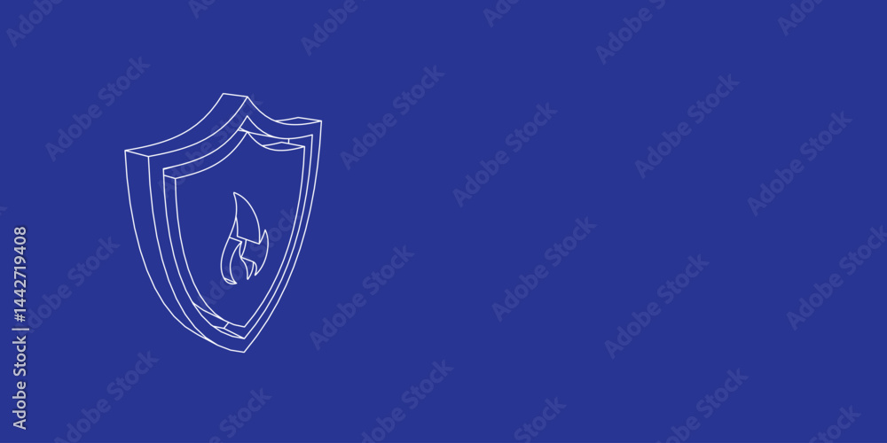 Poster the outline of a large fire protection symbol made of white lines on the left. 3d view of the object