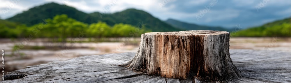 Poster tree stump illustrating climate change effects on deforestation concept. a serene view of a tree stu
