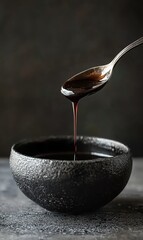 Spoon pouring dark seeded liquid into black bowl with white powder on dark surface.