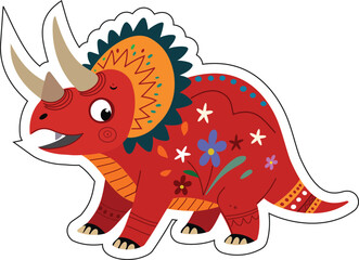 Cute Cartoon Dinosaur with Floral Folk Art Design
