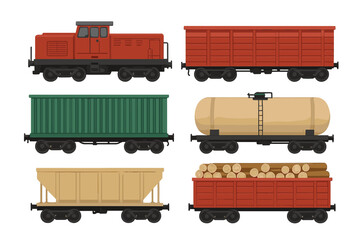 Train with various freight cars including logs, tank, and cargo containers in vector flat illustration style