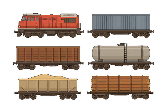 Vector flat illustration of a variety of train cars featuring cargo, goods, and a locomotive on a simple background