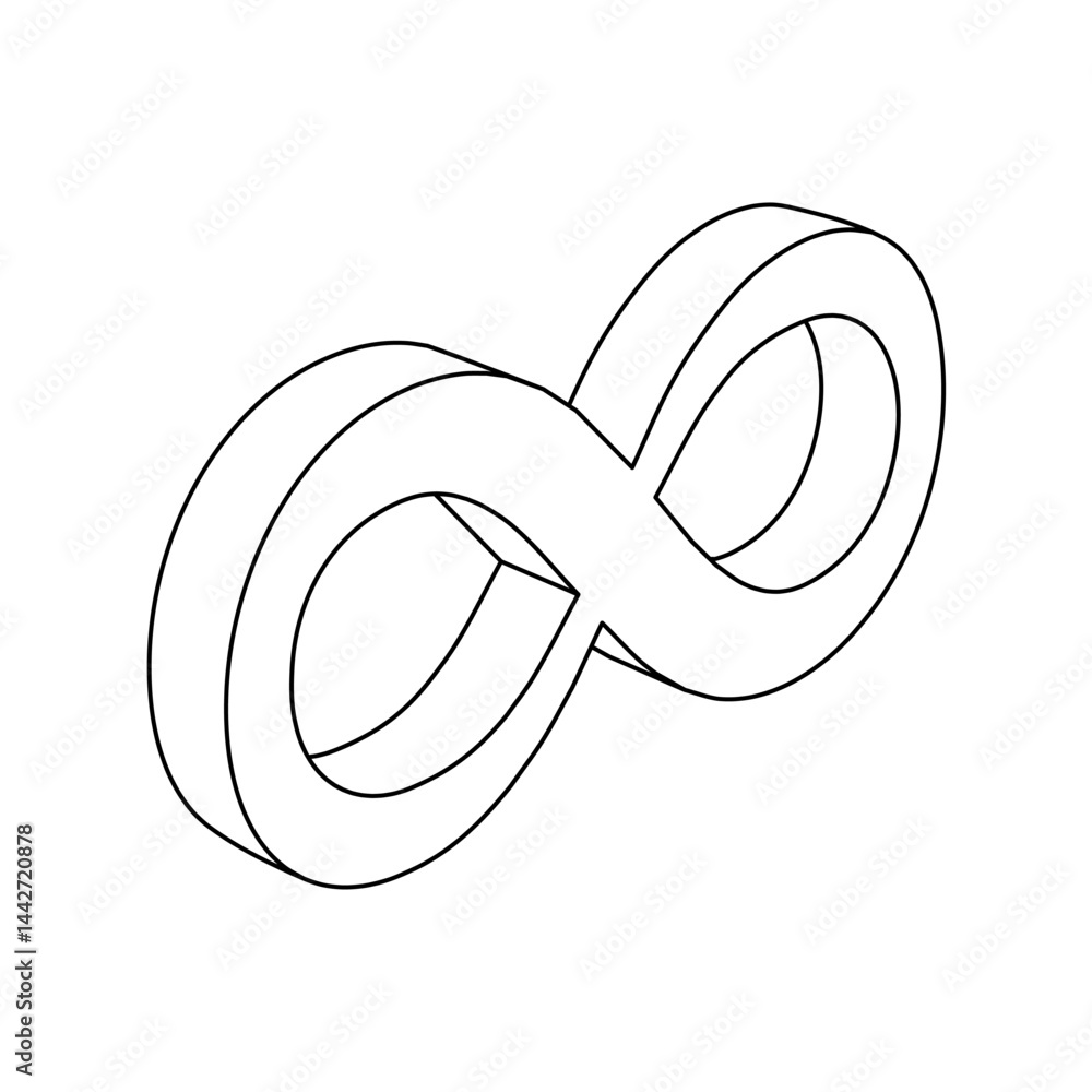 Poster the outline of a large infinity symbol is made with black lines. 3d view of the object in perspectiv