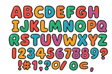 Colorful vector flat illustration of uppercase letters and numbers designed for educational purposes in a cheerful style