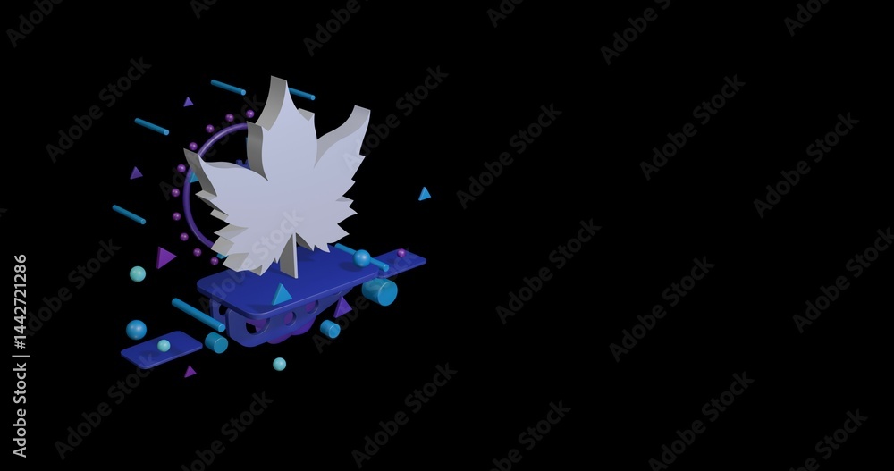 Poster white maple leaf symbol on a pedestal of abstract geometric shapes floating in the air. abstract con