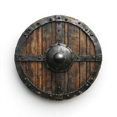 Fototapeta premium Round ancient shield with wooden planks and metal reinforcements.