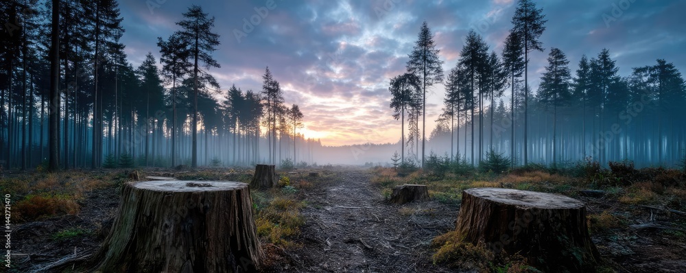 Poster tree stump demonstrating illegal logging and ecosystem damage concept. stumps in a misty forest at d