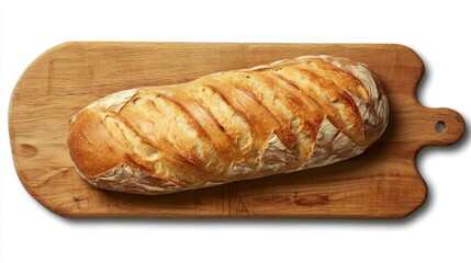 Overhead shot of a loaf of artisan bread on a wooden board