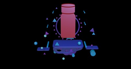 Red salt shaker symbol on a pedestal of abstract geometric shapes floating in the air. Abstract concept art with flying shapes in the center. 3d illustration on black background