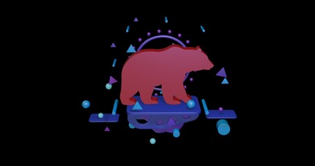 Red bear icon on a pedestal of abstract geometric shapes floating in the air. Abstract concept art with flying shapes in the center. 3d illustration on black background