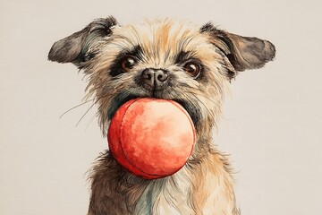 Playful Dog with Ball Cozy Home Watercolor Illustration Warm Atmosphere Front View Charming Concept