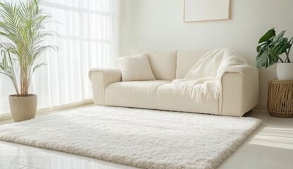 Cozy living room with white shag rug, sofa, plants, and radiators by window.