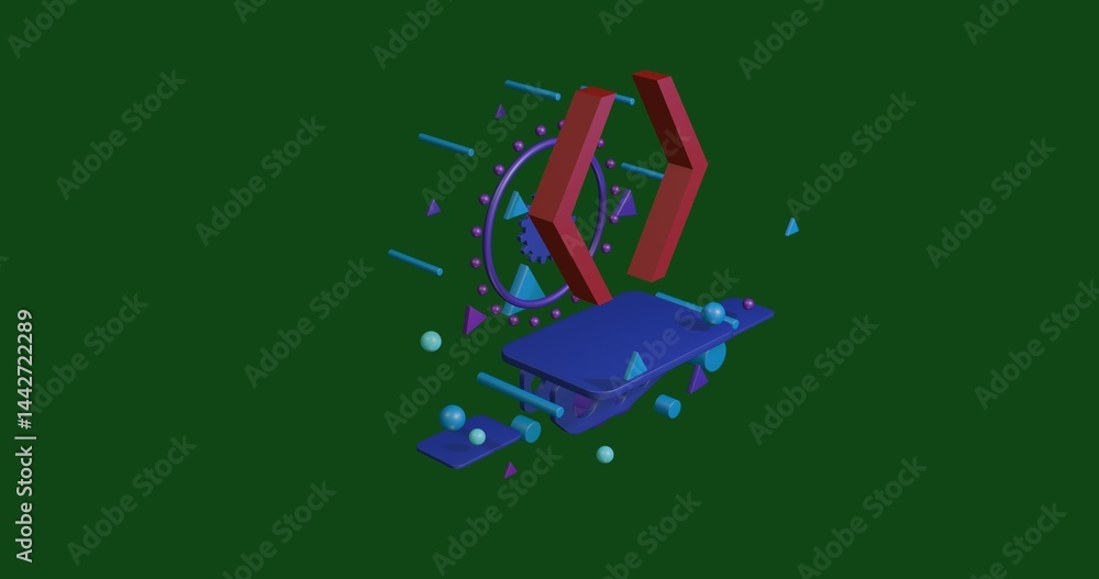 Poster red angle brackets symbol on a pedestal of abstract geometric shapes floating in the air. abstract c