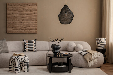 Stylish living room with curved sofa, black round coffee table, and artistic vases. Warm beige palette and geometric decor elements.