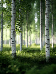 Obraz premium A dense forest with towering birch trees, their white bark contrasting against the green foliage