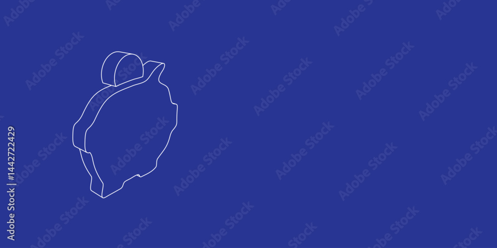Poster the outline of a large piggy bank symbol made of white lines on the left. 3d view of the object in p