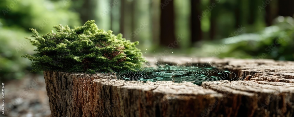 Poster tree stump demonstrating illegal logging and ecosystem damage concept. close-up view of moss on a tr