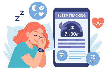 Woman using sleep tracking app to monitor her rest duration and heart rate while sleeping at night