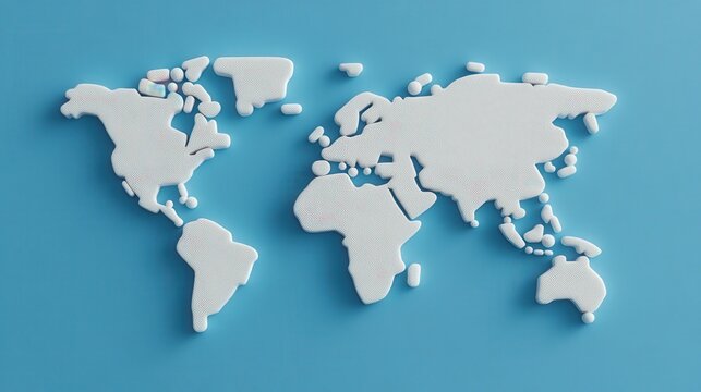 Fototapeta A textured white world map on a blue background, showing continents and islands in a minimalist, modern style.
