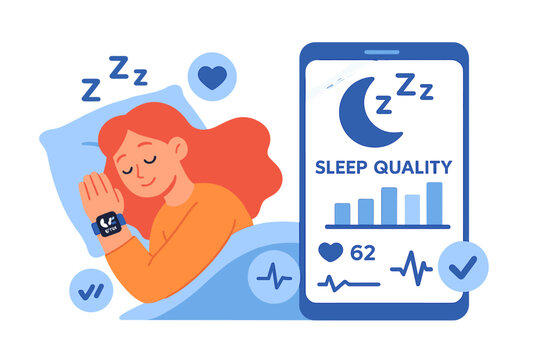 Woman asleep in bed while monitoring sleep quality with a fitness tracker and mobile app for health insights