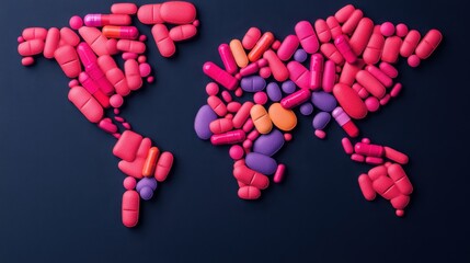 World map shaped from colorful pills and capsules on a dark background, symbolizing global healthcare and medicine.