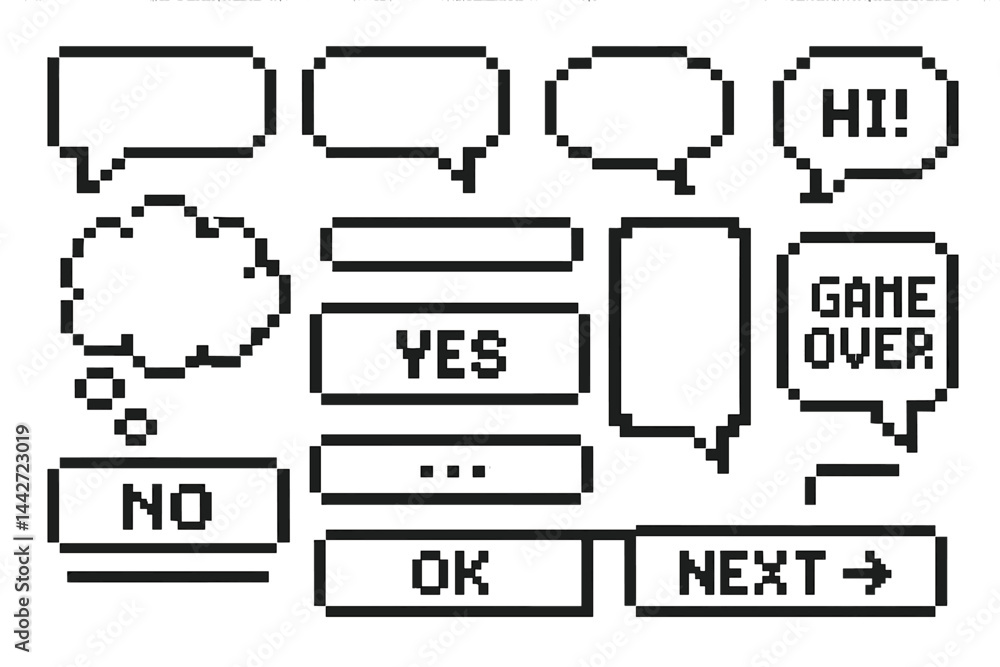 Poster vector flat illustration of various speech bubbles and buttons used in digital communication and gam