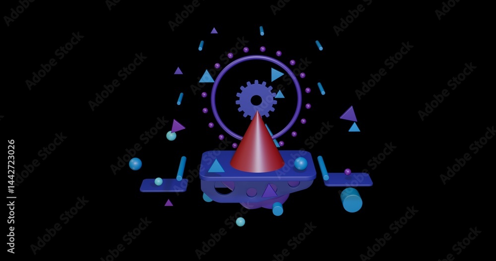 Poster red cone on a pedestal of abstract geometric shapes floating in the air. abstract concept art with f