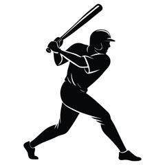 A black silhouette of a baseball player swinging a bat with power, capturing the dynamic motion of the swing