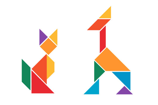 Colorful geometric shapes form animals with a cat and a giraffe positioned side by side in a flat illustration style