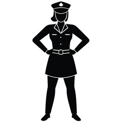 A black silhouette of a female police officer standing with hands on hips, wearing a uniform, conveying a sense of authority and confidence