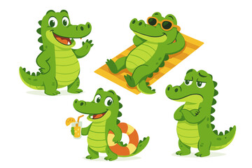 Obraz premium Crocodile characters enjoy summer activities in vector flat illustration featuring relaxation by the pool