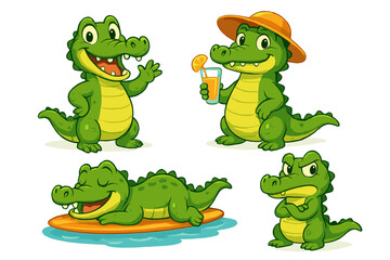 Crocodiles enjoy summer activities at the beach with drinks, surfboards, and fun expressions in a vibrant vector flat illustration