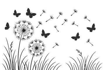 Black and white vector illustration of butterflies and dandelions in a calm field © icon_art