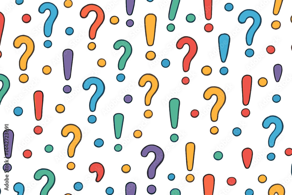 Poster colorful vector flat illustration with question and exclamation marks, creating a playful and lively
