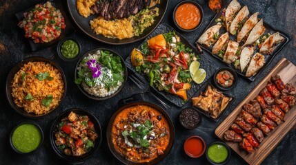 Top view Mexican food spread with multiple dishes on dark background, colorful and festive cuisine