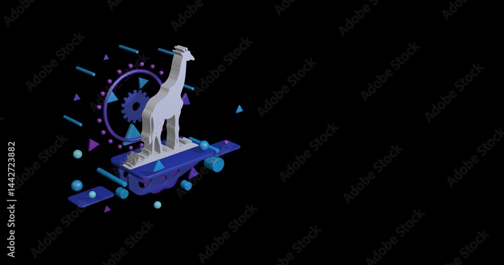 Poster white giraffe symbol on a pedestal of abstract geometric shapes floating in the air. abstract concep