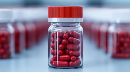 A clear plastic bottle filled with red capsules stands in focus, surrounded by similar bottles in the background, all with red lids.