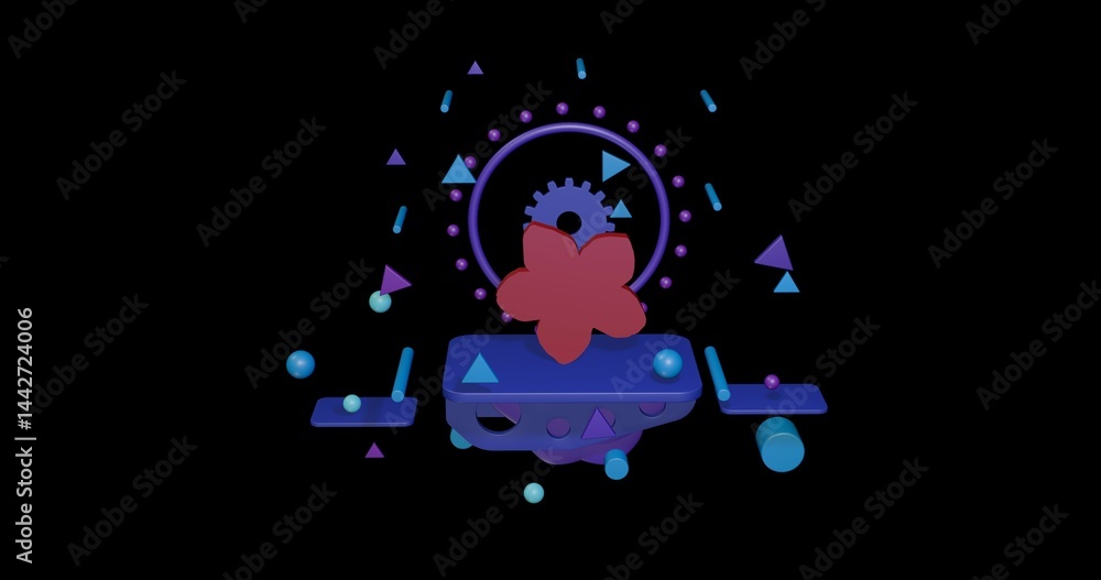Poster red forget-me-not flower on a pedestal of abstract geometric shapes floating in the air. abstract co