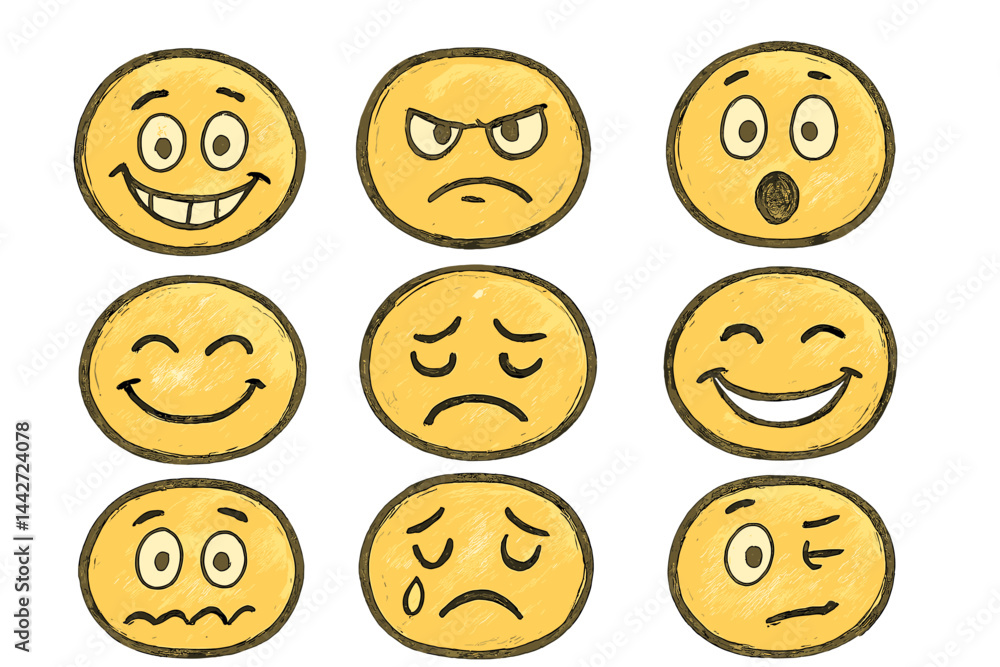 Poster emotions represented through vector illustrations of smiley faces in different expressions and moods