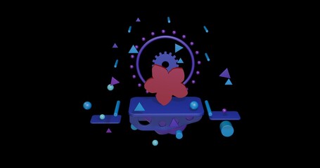 Red forget-me-not flower on a pedestal of abstract geometric shapes floating in the air. Abstract concept art with flying shapes in the center. 3d illustration on black background