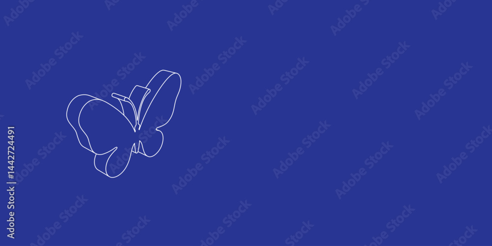 Poster the outline of a large butterfly symbol made of white lines on the left. 3d view of the object in pe