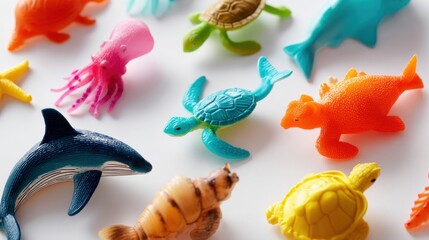 Colorful Plastic Sea Creatures and Animals on White Background for Educational Play and Decor