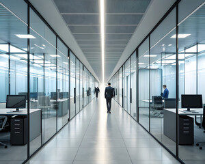 Modern office interior design with glass walls and business professionals